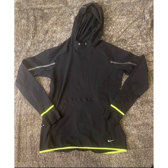 Women's Large Nike Dri-Fit Black Hoodie Pullover With Neon Yellow Trim - Picture 1 of 9